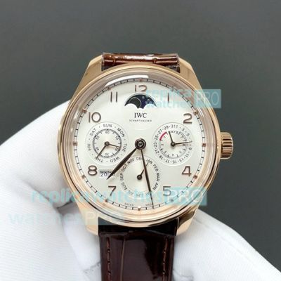 GRF Perfect Copy IWC Portugieser Perpetual Calendar Rose Gold Leather Strap Watch 